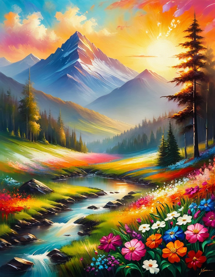 Masterpiece, best composition, dynamic composition, mountain landscape painting with flowers and trees, inspired by James Pittendrig McGillivray, mythical flower hill, palette knife painting, floral sunset, valley sunset, intricate and intense oil painting, rich picturesque colors, rich in color and detail.