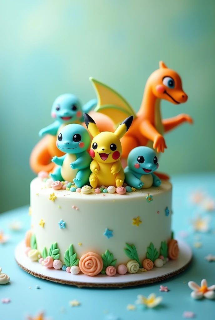 Small round cake decorated with blue chantilly tinged with light blue and green with 3 TOTODILE pokemenes, picachu, Charizard de chantilli
