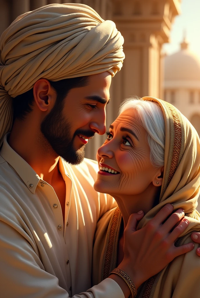 3D wallpaper of a handsome young Arab wearing a turban on his head who looks very fond of his elderly mother and wearing a headscarf