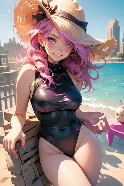 Perfect face. Perfect hands. A pink haired woman with violet eyes and an hourglass figure in a cute one-piece swimsuit isbuilding a sandcastle at the beach with a big smile