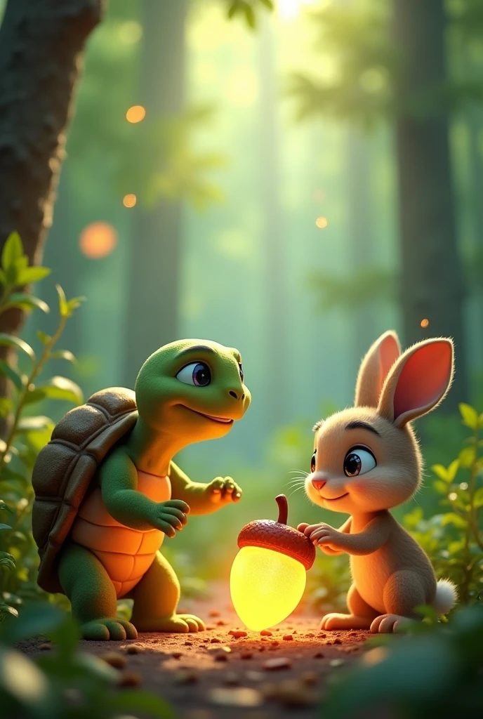 Need 3D animation style"**Magical Discovery**: Timmy the Turtle and Benny the rabbit stumble upon a glowing acorn in their forest home.