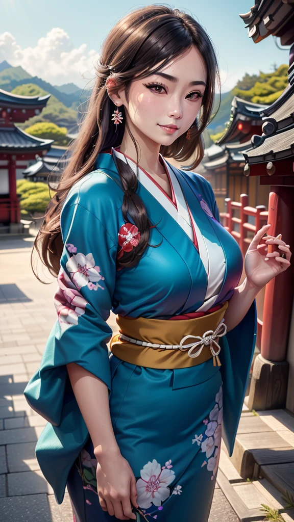 ((1girl, female, European woman, samus aran,pale skin, (brown hair, long hair), makeup, pierced ears, jewelry, green kimono, kimono:1.2)),(masterpiece), (((highest quality))), ((Super detailed)), (16K Highest quality wallpaper:1.4), (Upper Body:1.6), High resolution, Detailed skin texture, Detailed cloth texture, green kimono, Very detailed explanation, (Tmasterpiece), (Highly detailed face:1.2), (Very detailed beautiful eyes:1.2), original, RAW Photos, Professional, Intricate details, Super Detail, Direct sunlight:1.6, (Perfect Anatomy:1.4), (Extremely elaborate hands:1.2), (Highly detailed fingers:1.2), (Very dexterous fingers:1.2), (2), Genuine, (alone:1.6), (A traditional Japanese sacred shrine maiden:1.4)), (long flowing green kimono), (Beautiful and well-shaped medium breasts:1.2), (Beautiful and shapely butt), (Clear brown eyes that shine beautifully in every detail:1.6), (Very delicate and detailed brown eyes:1.2), (Highly detailed face:1.4), (smile:1.3), (blush:1.2), (facing viewer, looking forward,) break, (Japan shrine, Colorful and divine々Beautiful traditional shrine maiden costume:1.4), (Traditional Japanese clothing:1.2) break (Highly detailed and beautiful Ise Shrine in Mie Prefecture just after noon in spring in the background:1.6), Ise Shrine:1.2, Torii gate of Ise Shrine:1.2,  The precincts of Ise Shrine:1.2, Very beautiful against the clear sky after noon.:1.2, ((green kimono))