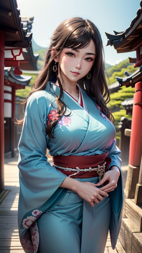 ((1girl, female, European woman, samus aran,pale skin, (brown hair, long hair), makeup, pierced ears, jewelry, green kimono, kimono:1.2)),(masterpiece), (((highest quality))), ((Super detailed)), (16K Highest quality wallpaper:1.4), (Upper Body:1.6), High resolution, Detailed skin texture, Detailed cloth texture, green kimono, Very detailed explanation, (Tmasterpiece), (Highly detailed face:1.2), (Very detailed beautiful eyes:1.2), original, RAW Photos, Professional, Intricate details, Super Detail, Direct sunlight:1.6, (Perfect Anatomy:1.4), (Extremely elaborate hands:1.2), (Highly detailed fingers:1.2), (Very dexterous fingers:1.2), (2), Genuine, (alone:1.6), (A traditional Japanese sacred shrine maiden:1.4)), (long flowing green kimono), (Beautiful and well-shaped medium breasts:1.2), (Beautiful and shapely butt), (Clear brown eyes that shine beautifully in every detail:1.6), (Very delicate and detailed brown eyes:1.2), (Highly detailed face:1.4), (smile:1.3), (blush:1.2), (facing viewer, looking forward,) break, (Japan shrine, Colorful and divine々Beautiful traditional shrine maiden costume:1.4), (Traditional Japanese clothing:1.2) break (Highly detailed and beautiful Ise Shrine in Mie Prefecture just after noon in spring in the background:1.6), Ise Shrine:1.2, Torii gate of Ise Shrine:1.2,  The precincts of Ise Shrine:1.2, Very beautiful against the clear sky after noon.:1.2, ((green kimono))