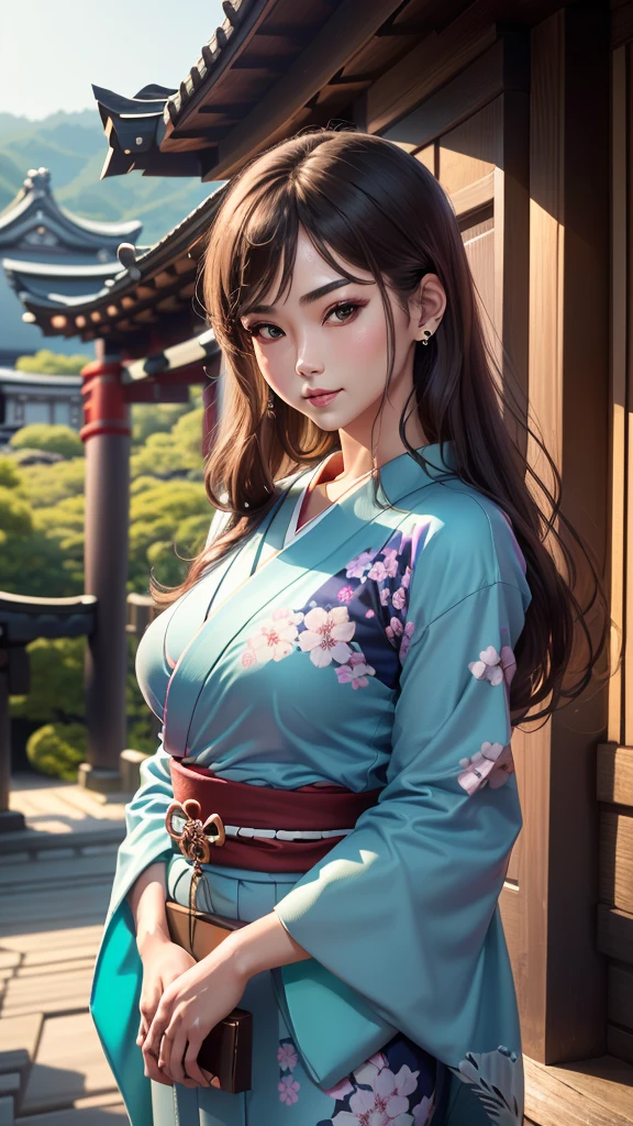 ((1girl, female, European woman, samus aran,pale skin, (brown hair, long hair), makeup, pierced ears, jewelry, green kimono, kimono:1.2)),(masterpiece), (((highest quality))), ((Super detailed)), (16K Highest quality wallpaper:1.4), (Upper Body:1.6), High resolution, Detailed skin texture, Detailed cloth texture, green kimono, Very detailed explanation, (Tmasterpiece), (Highly detailed face:1.2), (Very detailed beautiful eyes:1.2), original, RAW Photos, Professional, Intricate details, Super Detail, Direct sunlight:1.6, (Perfect Anatomy:1.4), (Extremely elaborate hands:1.2), (Highly detailed fingers:1.2), (Very dexterous fingers:1.2), (2), Genuine, (alone:1.6), (A traditional Japanese sacred shrine maiden:1.4)), (long flowing green kimono), (Beautiful and well-shaped medium breasts:1.2), (Beautiful and shapely butt), (Clear brown eyes that shine beautifully in every detail:1.6), (Very delicate and detailed brown eyes:1.2), (Highly detailed face:1.4), (smile:1.3), (blush:1.2), (facing viewer, looking forward,) break, (Japan shrine, Colorful and divine々Beautiful traditional shrine maiden costume:1.4), (Traditional Japanese clothing:1.2) break (Highly detailed and beautiful Ise Shrine in Mie Prefecture just after noon in spring in the background:1.6), Ise Shrine:1.2, Torii gate of Ise Shrine:1.2,  The precincts of Ise Shrine:1.2, Very beautiful against the clear sky after noon.:1.2, ((green kimono))