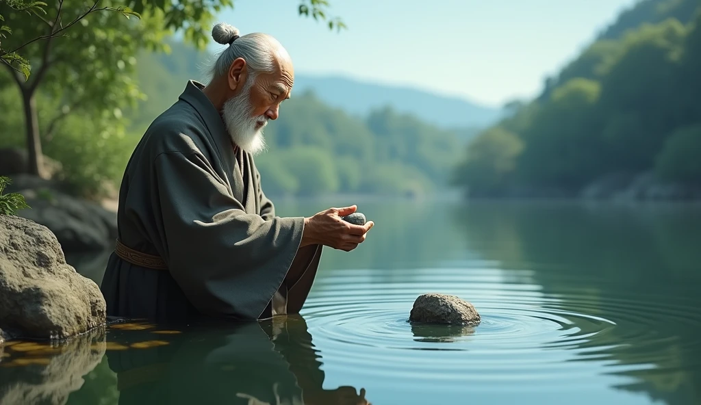 "A close-up of Master Koji, an elderly man with a wise and gentle expression, standing by the edge of a serene pond. The pond is perfectly still, reflecting the surrounding trees and the clear blue sky above. Master Koji holds a small stone in his hand, which he is about to toss into the water. The scene is calm and peaceful, with soft, natural light highlighting the master's calm and focused demeanor."