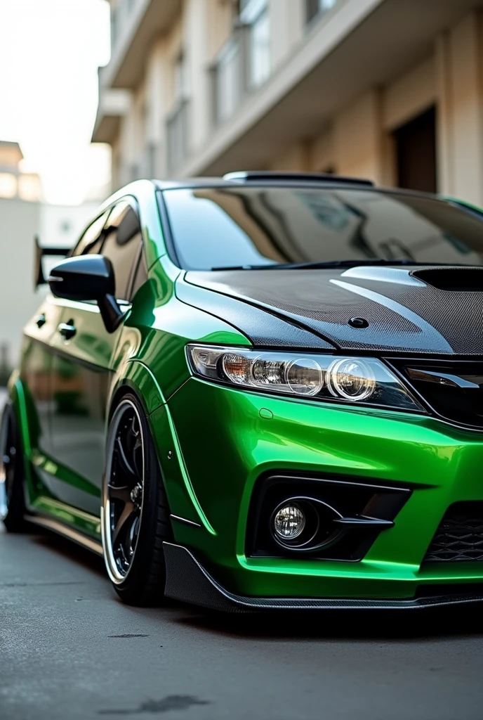Honda City 2009 with spoiler lowed and  green black colour wrap and bonet of carbon fibre
