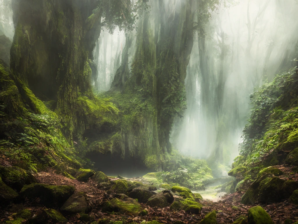 A cave entrance in a dark misty forest, dark fairytale atmosphere, soft light, high chaos, intricate work by Johan Grenier style, Alyssa Monks style