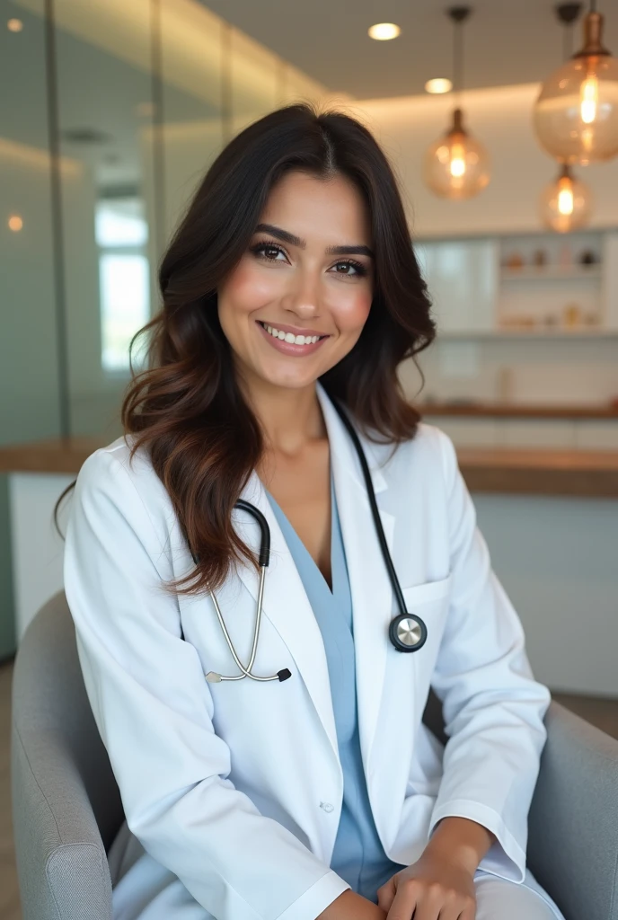 Beautiful pakistani female doctor, aesthetic clinic, white coat, pakistani face, detailed face, photography, sitting on her chair, candid photography, young, fair complexion, big boobs, aesthetically pleasing, modern clinic