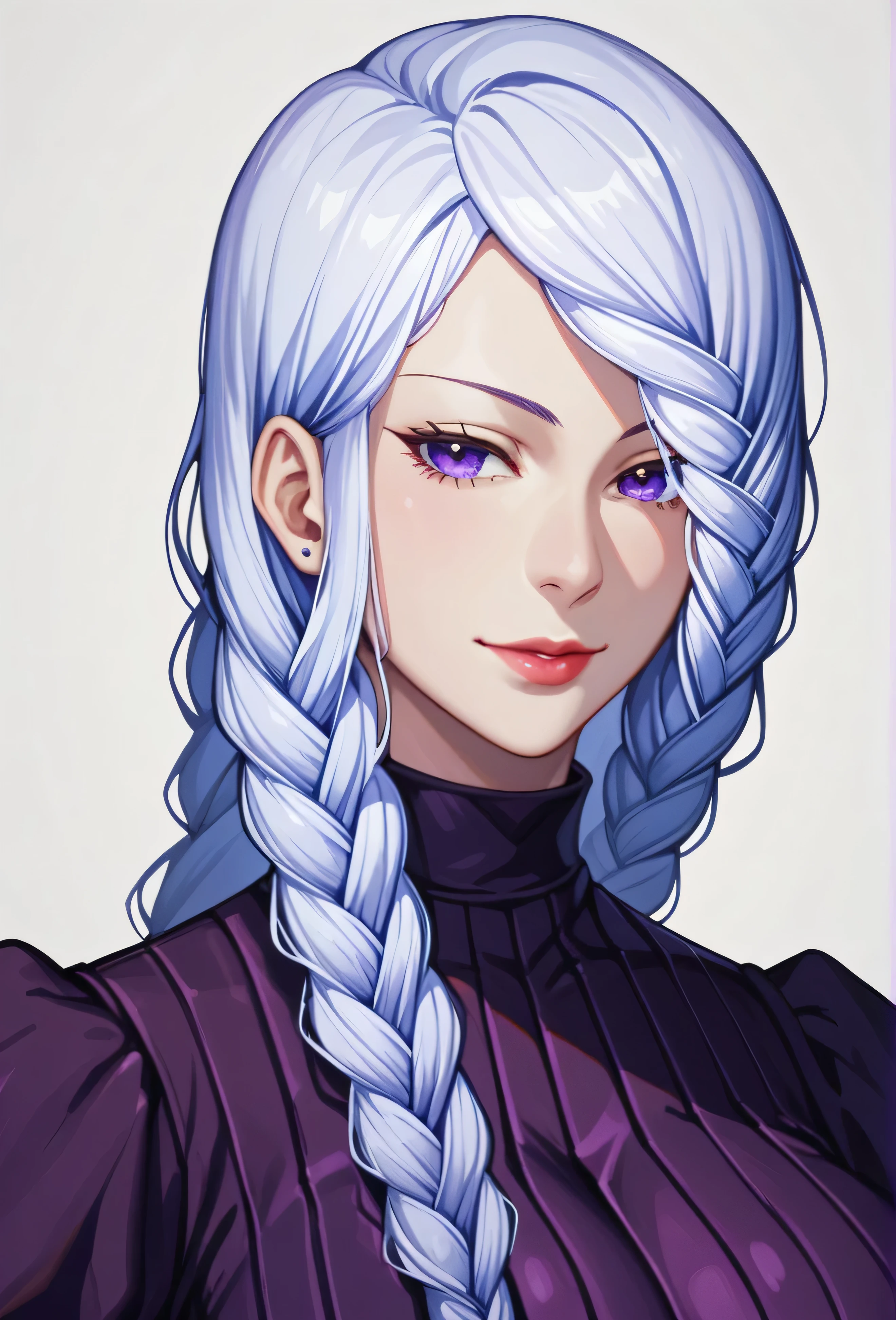 A mesmerizing surreal illustration of a young japanese woman resembling Mei Mei. She has white hair, purple eyes, and wears a black dress. She has a smooth, warm complexion, The line work is precise, with delicate shading that gives the illustration a 3D quality, resulting in a visually striking, portrait, mei mei, long hair, very long hair, braid, hair over one eye, braided ponytail, ((front braided bangs covering one eye)), purple eyes ,big breasts, slender, arms behind back, white panties, cleavage,
