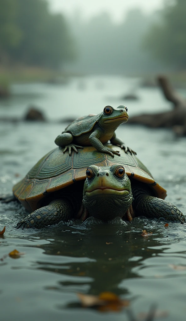A small turtle carrying a tiny frog on its back across a flooded lake, turbulent lake with debris floating around, showing the turtle's determination and the frog's relief.