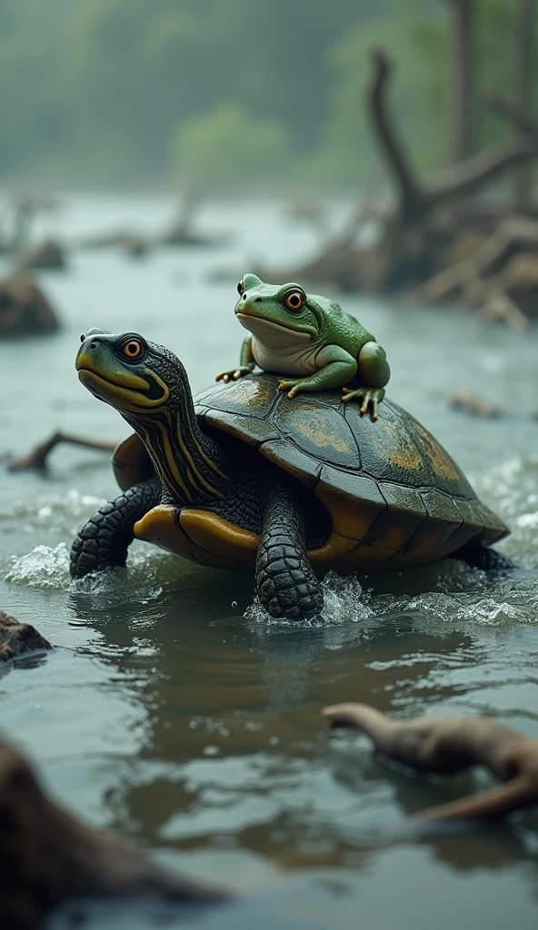 A small turtle carrying a tiny frog on its back across a flooded lake, turbulent lake with debris floating around, showing the turtle's determination and the frog's relief.

