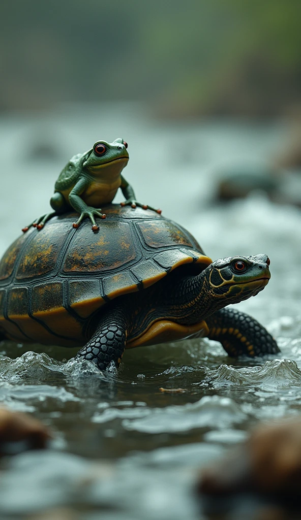 A small turtle carrying a tiny frog on its back across a flooded lake, turbulent lake with debris floating around, showing the turtle's determination and the frog's relief.