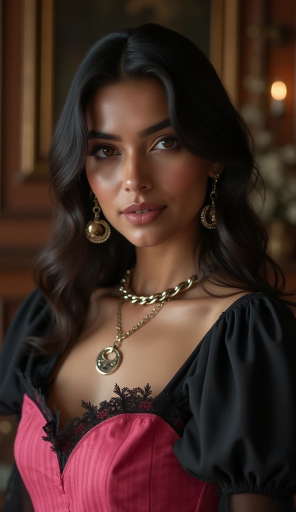 In this photograph, an Indian Instagram female model in her mid-20s takes center stage. , (highly detailed face:1.4) (smile:0.7) (backround 5 star hotel , moody, private study:1.OV, by lee jeffries, nikon d850, film stock photograph ,4 kodak portra 400 ,camera f1.6 lens ,rich colors ,hyper realistic ,lifelike texture, dramatic lighting , cinestill 800, realistic, wearing pink and black combination dobby weave self design fit & flare dress Sweetheart neck Short, puff sleeve Tie-up detail on back Above knee length in flounce hem Attached Lining Chiffon fabric, actress, karla ortiz, posing!!, candid picture, by Max Dauthendey,Completing the aesthetic, the model wears a slave collar with a chain around her neck. The photograph is meticulously captured in 8K resolution using cutting-edge techniques such as Cinema 4D and Octane Render, resulting in a highly detailed and photorealistic image. Studio lighting, HDR, and a smoky mist create a captivating ambiance, while the bokeh effect adds an artistic touch.