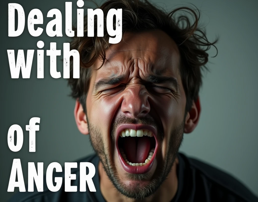 An YouTube thumbnail about dealing with anger. An angry person is devastated , add text dealing with anger