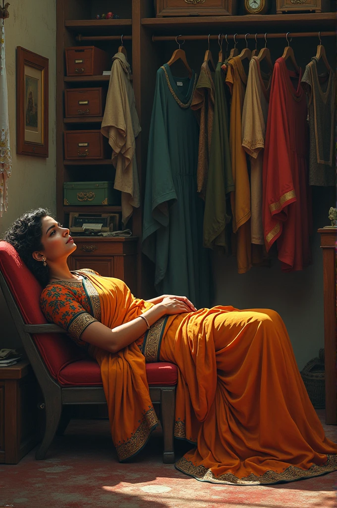 A sari-educated woman is lying alone inside a room. 
Inside the room there were chests, cupboards, showcases and racks, many clothes were kept on the racks