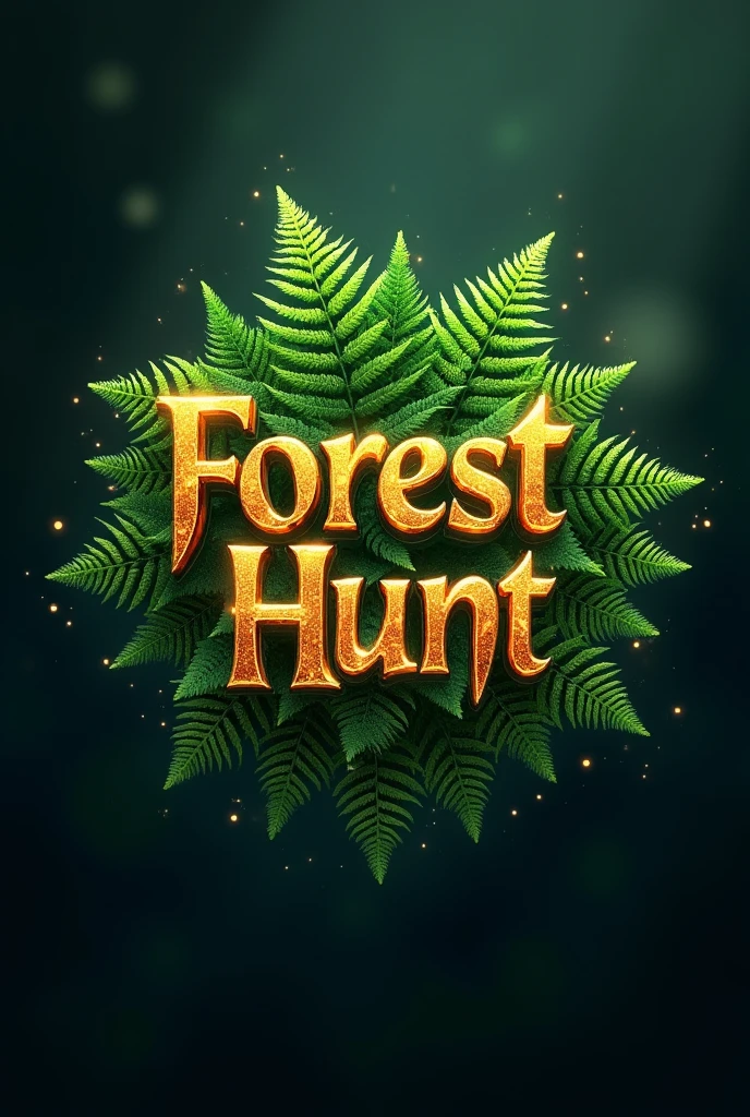 Create logo with the word Forest Hunt in a mystic & fantasy style with glitter flying around. Font should be elegant sharp golden and beautiful with enchanted vibe with ferns sprouting from behind the text