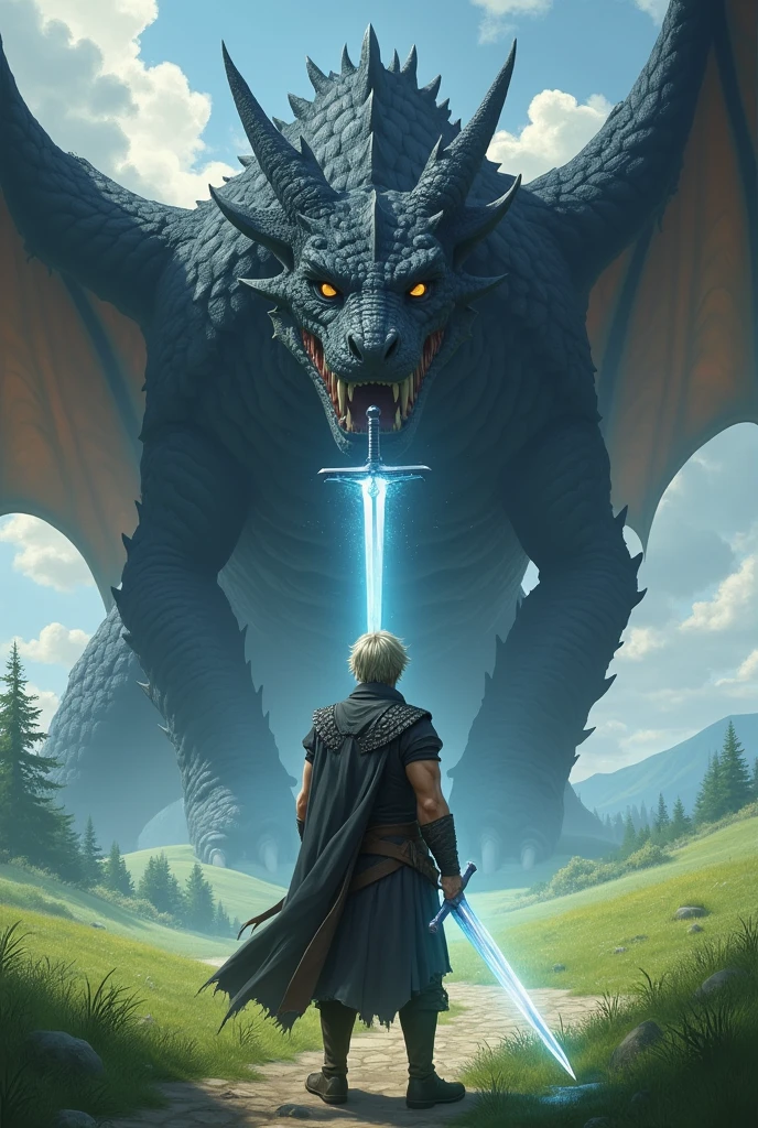 a strong, serious-looking man, silver eyes and medium light brown hair, fighting a powerful and giant black dragon. the man is brandishing a sword of blinding light. The landscape is of green fields in the background.