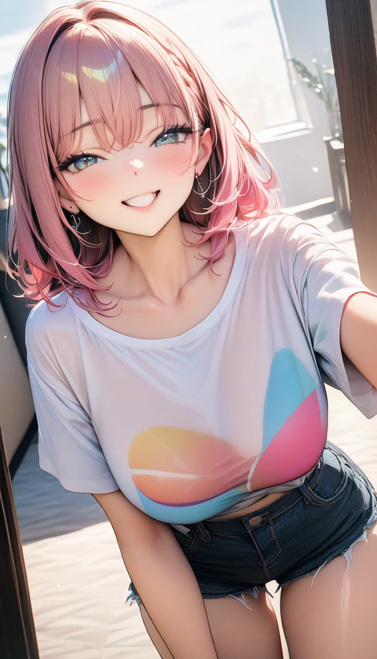 ((最high quality, 8k, masterpiece)), High resolution、(high quality: 1.5)、Very detailed、Detailed face、Bright colors、Natural light、Fine grain、Colorful eyes、Beautiful Face、Highly detailed face texture of a woman,masterpiece, 最high quality, Detailed and beautiful eyes,最high quality、Best image quality、masterpiece,girl,smile,From below,grin,(Brat),Pink Hair,Cute clothes,Printed shirt,Shorts,Just beautiful,masterpiece,(laugh at),最high quality、so beautiful,High resolution,1girl, solo,(masterpiece:1.2)、(最high quality:1.2)、Latest Glossy Skin