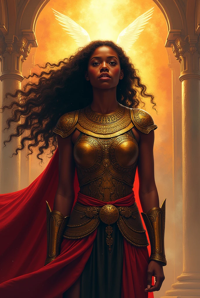 une jeune femme noire vêtue comme une guerrière; avec les cheveux crépus longs; Elle représente l'Eglise ,l'épouse de Christ.
Les couleurs sont vives et chatoyantes .