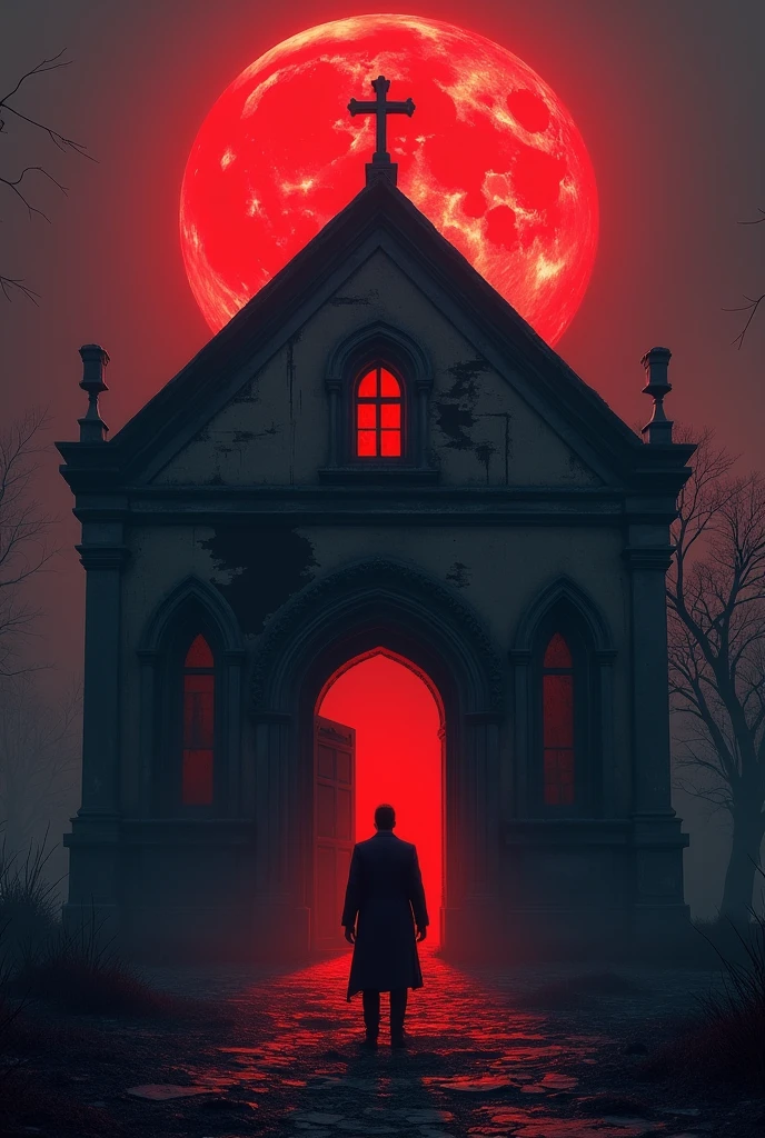 a blood-colored moon, abandoned chapel with open door, facing my character, he is 1 meter from the entrance 