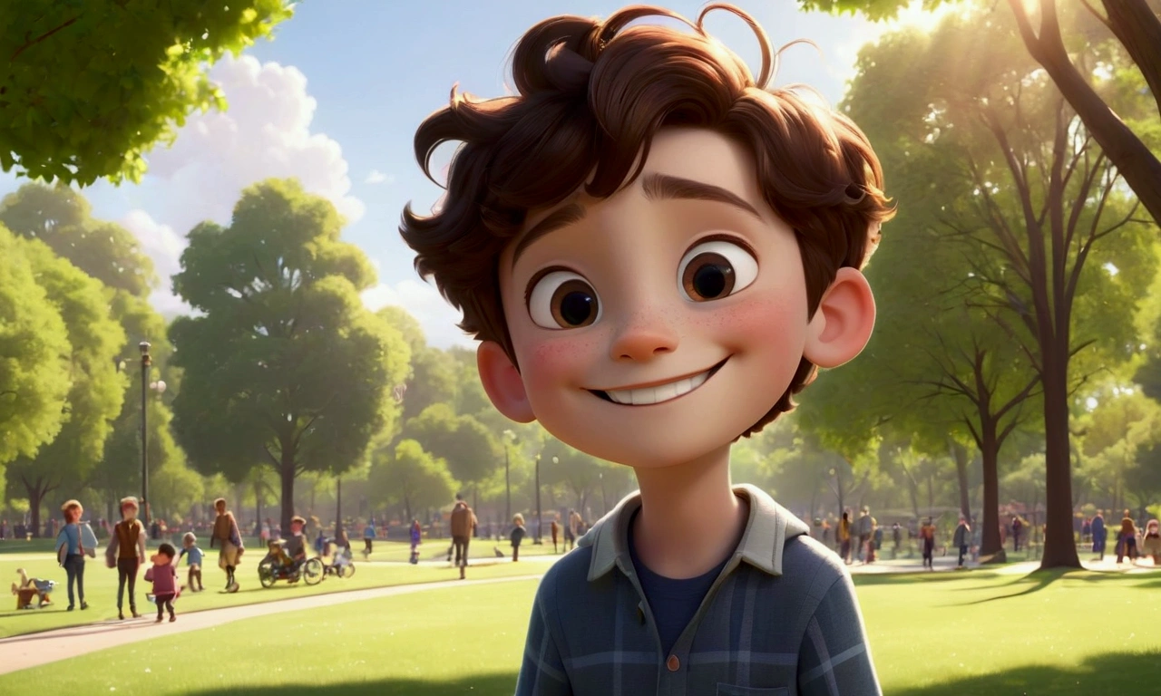 a boy smilin standup, white skin, in the park, a beautiful day, the family is composed of four members, Pixar style.