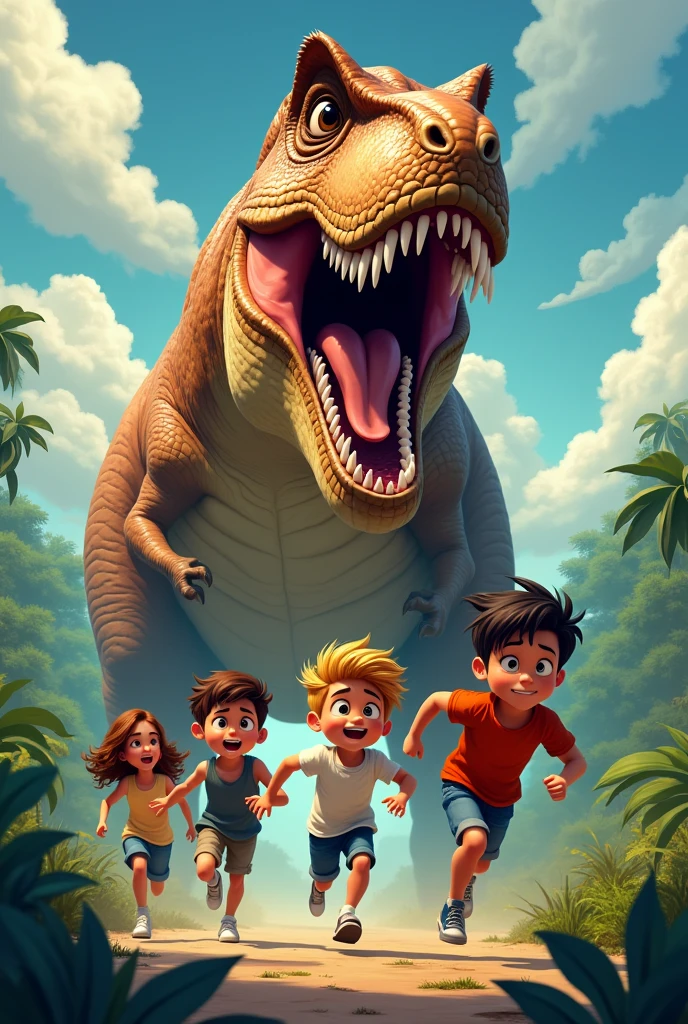 Five children running from a wild rex, one with haircut 7 and another with a short haircut, A girl with straight hair and another girl with cinnamon skin and wavy hair, animated