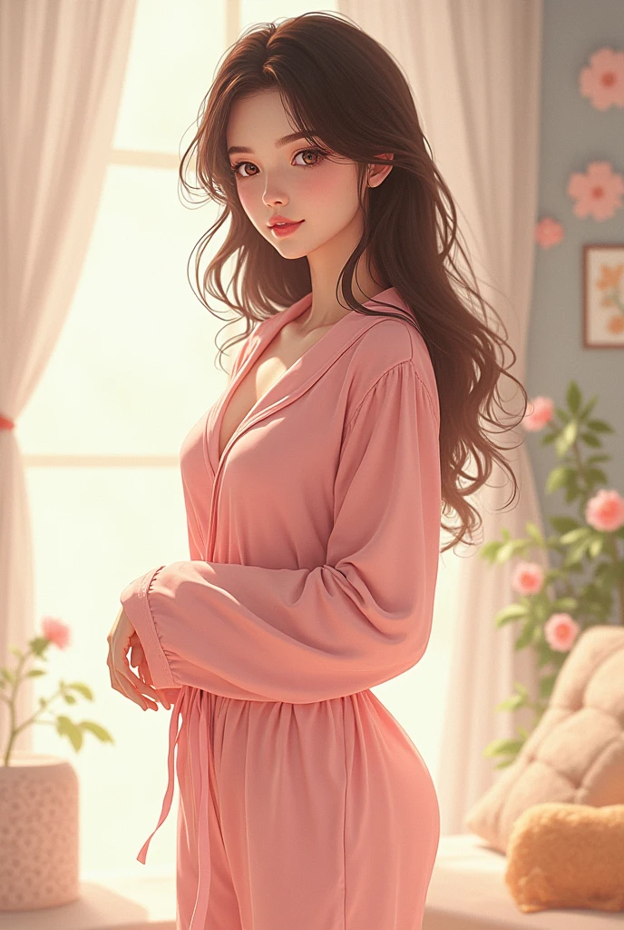 Beautiful girl and pyjama clothes and anime style and belly and waist and long sleeve