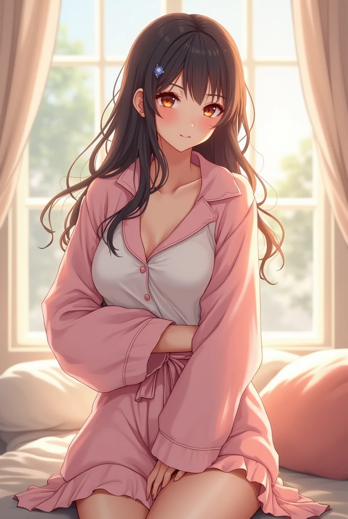 Beautiful girl and pyjama clothes and anime style and belly and waist and long sleeve