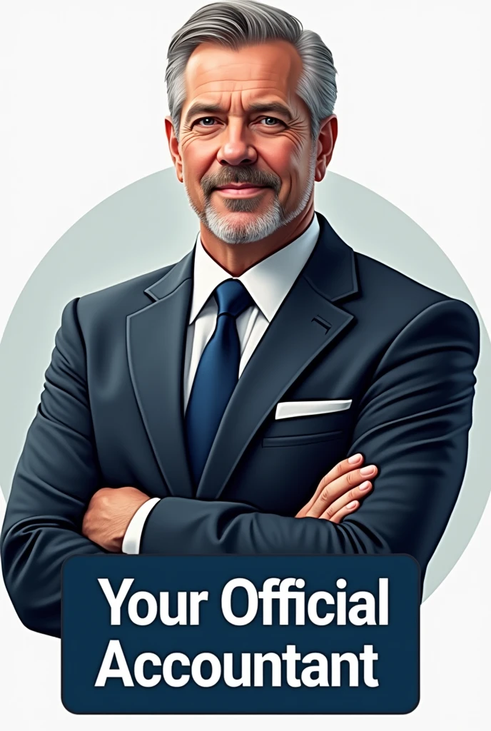Logo with realistic man with crossed arms in the center, for brand " your official accountant" with the words below