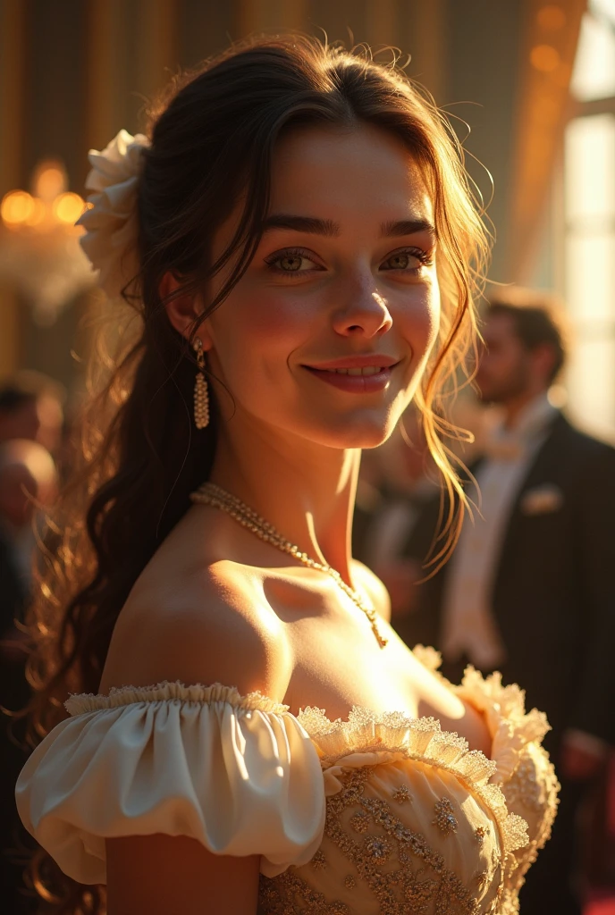 Beautiful girl in baroque era costume attending ball.The natural and bright light shines on her beautiful face, making her smile like the spring breeze.attracted the attention of all the men present.