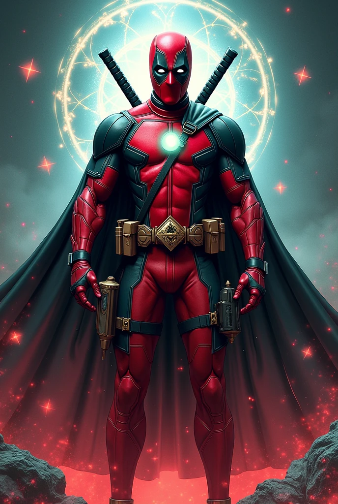 Create an illustration of Deadpool as bat man. Deadpool is wearing his iconic red mask but is dressed in bat man mystical outfit. The outfit includes the Cloak of Levitation, the Eye of Agamotto, and other mystical artifacts. The background should be a blend of high-tech and mystical elements, with glowing symbols and patterns, suggesting a fusion of Deadpool's chaotic nature with the mystic arts."