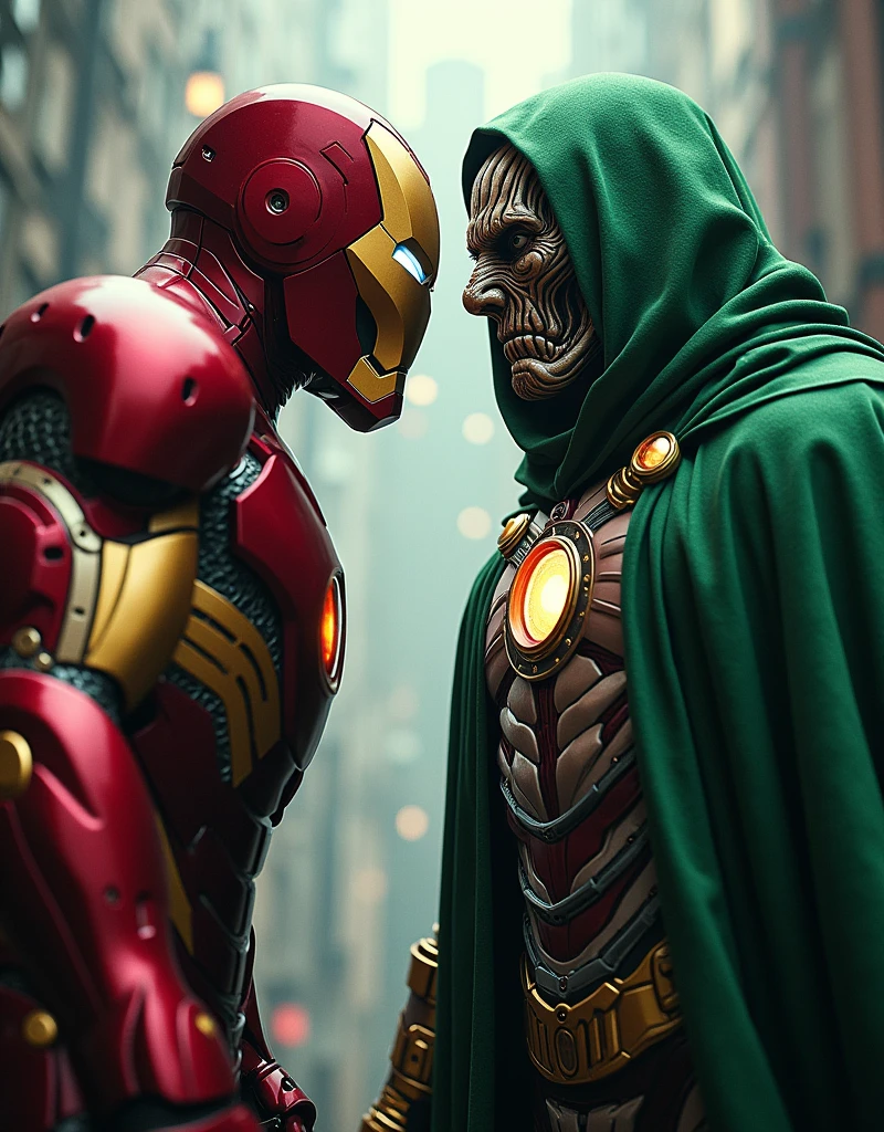 Realistic movie poster，Close-up of Doctor Doom and Iron Man fighting，Doctor Doom&#39;s face is Robert Downey&#39;s face， The bottom of the poster reads"Doom Vs Iron"