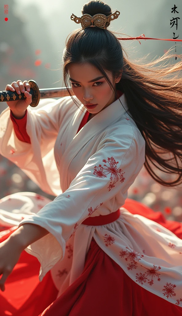 Highest quality, 8k, Insane Details, Intricate details, Super detailedな, super high quality, Attention to detail, Super detailed, masterpiece, (Depth of written boundary:1.7),cigarette, Highest quality,High resolution,Hua Dan,Highest quality,masterpiece,High resolution, Pixiv, Emma, ((Chinese style white costume, His face and clothes were covered in blood.)))(((Ancient Chinese sword-wielding woman)))), ((((Woman in white hanbok, A Chinese swordsman wearing a white transparent veil gathers his strength and floats in the sky.、Rotate your body and use centrifugal force to swing your sword,The sword is moving too fast and is shaking.,Martial Arts Action))))(((Chinese Armor:1.7,Chinese breastplate,Chinese Armor,:1.5,Very long skirt:1.8,Very long red cape:1.5)))Brave Flower Mokuran, Ancient costume, Battlefields of Ancient Chinese Dynasties, Surreal details, hurtle,Full body shot of Vogue, Front facing,Photo by Andreas Gursky, Combining tradition and modernity(Light anger:1.4) ( Ridiculously long hair:1.5),((The girl expressed her disgust)), (The girl was covered with a black cloak), ((((The flames burning behind the maiden)))), (Beneath the Girl Is a Battlefield), (((Bloody))),(Long legs:1.3),  , A tense shot(aerial）,Visual impact,Give your poster a dynamic and visually striking look:1.2),High-impact photos,Shooting from above, Focus on the face, ,Stretch your body, Solo GoPro photoshoot, Background of ancient Chinese dynasties, Concept art QingKung 1girl( Super View, Ultra Wide Angle:1.6)(horizon:1.3), (,Super detailed, masterpiece, 