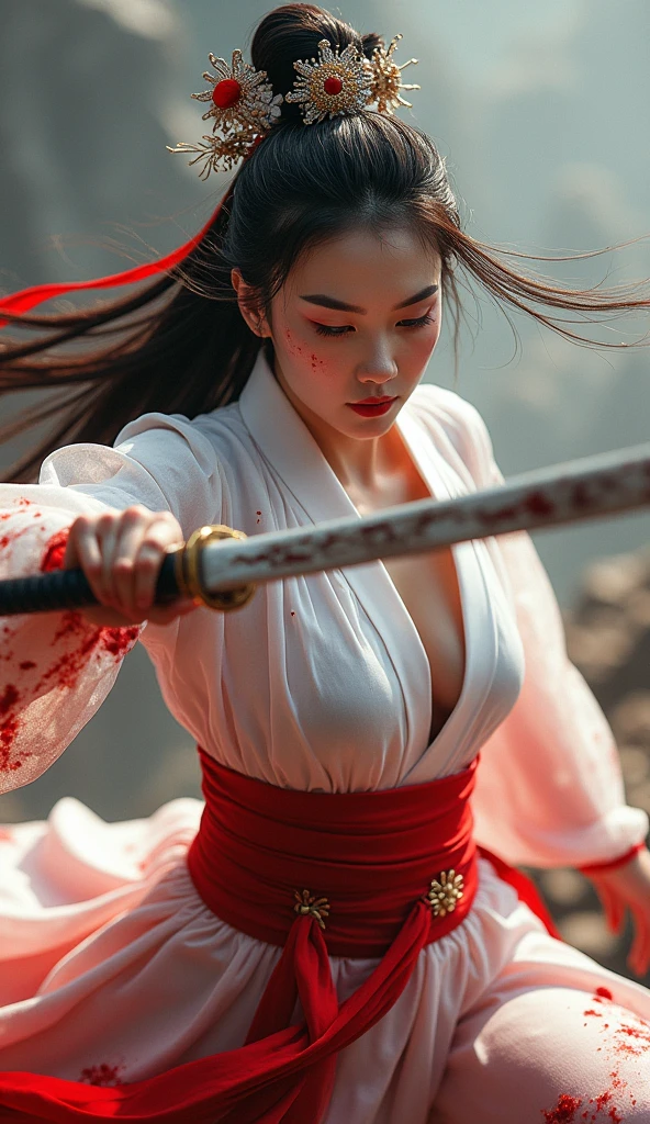 Highest quality, 8k, Insane Details, Intricate details, Super detailedな, super high quality, Attention to detail, Super detailed, masterpiece, (Depth of written boundary:1.7),cigarette, Highest quality,High resolution,Hua Dan,Highest quality,masterpiece,High resolution, Pixiv, Emma, ((Chinese style white costume, His face and clothes were covered in blood.)))(((Ancient Chinese sword-wielding woman)))), ((((Woman in white hanbok, A Chinese swordsman wearing a white transparent veil gathers his strength and floats in the sky.、Rotate your body and use centrifugal force to swing your sword,The sword is moving too fast and is shaking.,Martial Arts Action))))(((Chinese Armor:1.7,Chinese breastplate,Chinese Armor,:1.5,Very long skirt:1.8,Very long red cape:1.5)))Brave Flower Mokuran, Ancient costume, Battlefields of Ancient Chinese Dynasties, Surreal details, hurtle,Full body shot of Vogue, Front facing,Photo by Andreas Gursky, Combining tradition and modernity(Light anger:1.4) ( Ridiculously long hair:1.5),((The girl expressed her disgust)), (The girl was covered with a black cloak), ((((The flames burning behind the maiden)))), (Beneath the Girl Is a Battlefield), (((Bloody))),(Long legs:1.3),  , A tense shot(aerial）,Visual impact,Give your poster a dynamic and visually striking look:1.2),High-impact photos,Shooting from above, Focus on the face, ,Stretch your body, Solo GoPro photoshoot, Background of ancient Chinese dynasties, Concept art QingKung 1girl( Super View, Ultra Wide Angle:1.6)(horizon:1.3), (,Super detailed, masterpiece, 