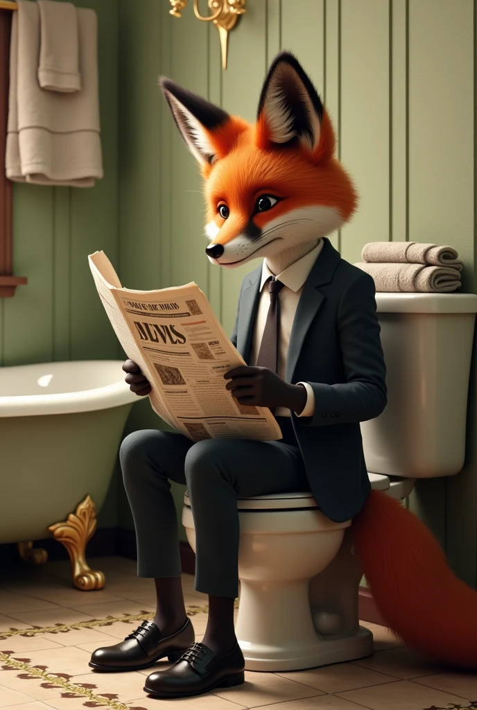 Create a fox using the toilet and reading a newspaper