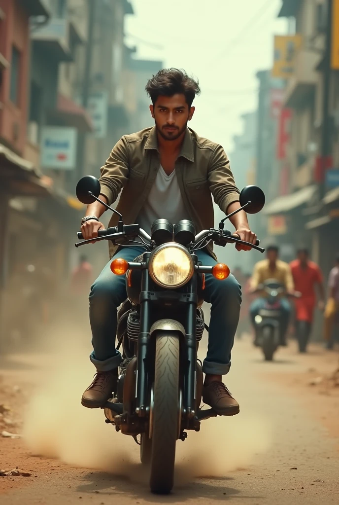 A young man in india riding rx100 in mumbai dusty street