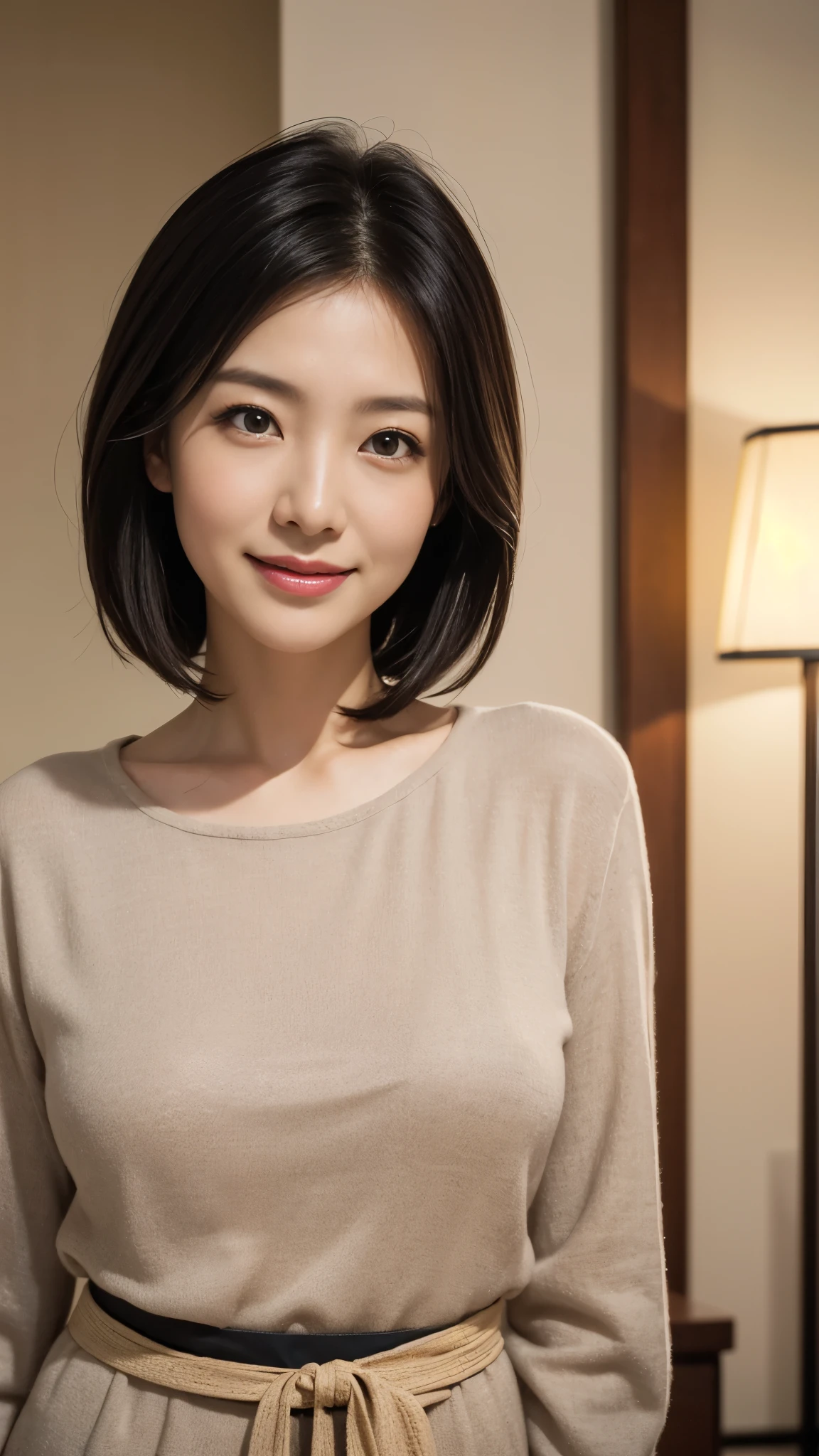 Portrait, 8k, high quality, realistic photo image, 44 yrs-. Age, Japanese woman, neat wife, housewife, natural and realistic eyes, Japanese standing, beautiful black hair, short hair, light makeup, accurate rendering, beautiful lighting, golden ratio composition, laughter, 4, Japanese woman, neat wife, housewife, natural and realistic eyes. Hair, light makeup, octane rendering, beautiful lighting, golden ratio composition, laughter, normal clothes, casual clothes, luxury city hotel, hotel lounge, blurred background, high image quality, pure Japanese style, beautiful wife, upper body, light makeup, no makeup. Makeup, neat, plain, red, purple, blue, plain, plain clothes, smiling, black eyes, background blurring.