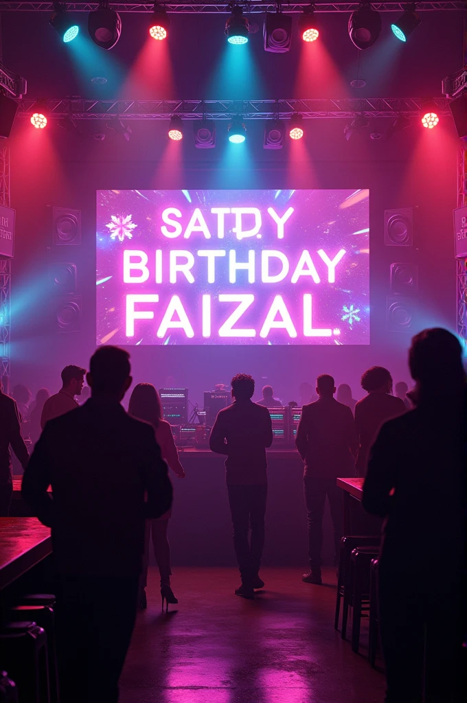 Generate an image of screen which was showing “Happy birthday Faizal we welcome you” in Hyderabad pub with full of dj floors and lights which feels real

