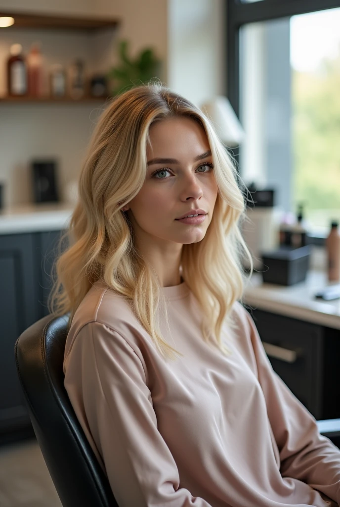blonde woman sitting in a chair in a beauty salon with a cap on her head to dye her hair a different color