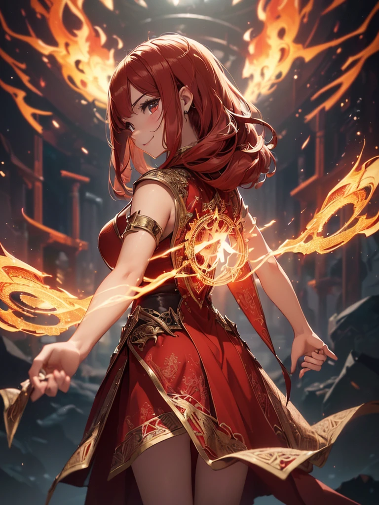 (((best quality, sharp image, clear image, cinematic lighting, 8k resolution, masterpiece, ultra detailed, intricate))) Girl, sorcerer, cute, intricate dress, smiling, fiery red, ((intricate background)), (rune frame), dimension, ((shot from behind)), fire sigils, chaotic background.