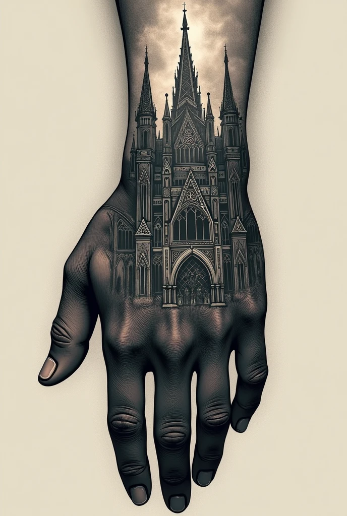 Generally a hand tattoo with a cathedral for men without faces