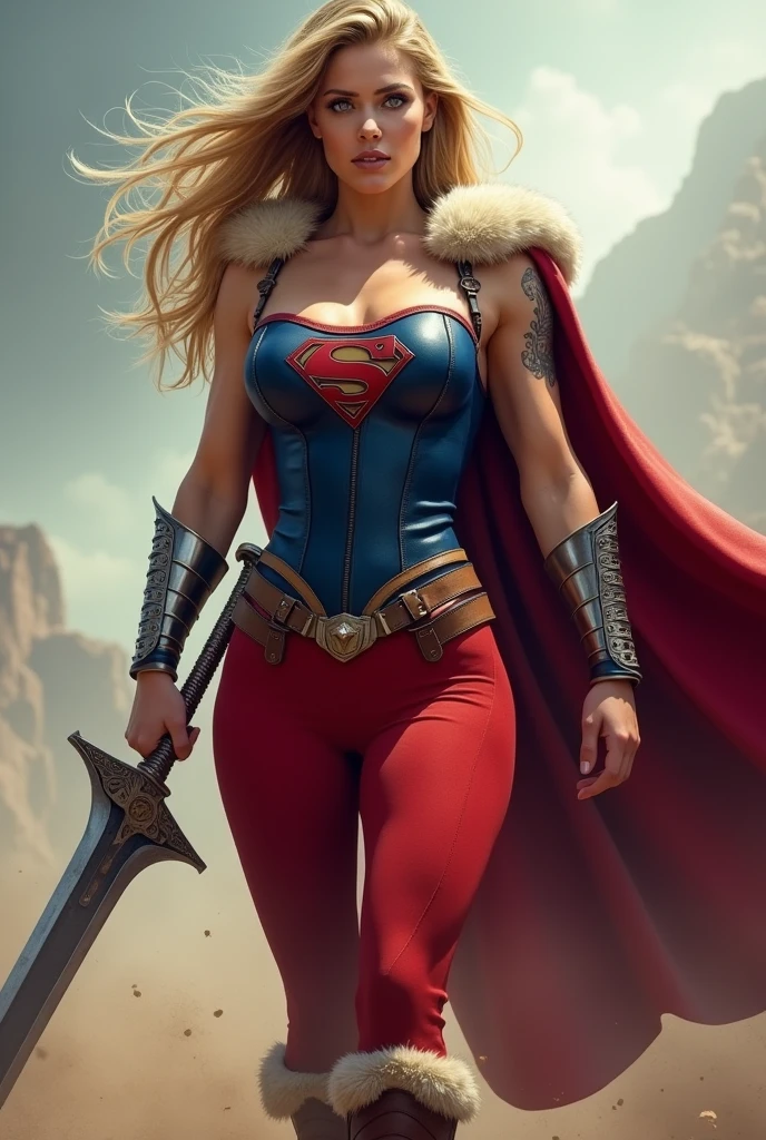 ((((Supergirl Woman of thick build with muscles in arms and legs)))),(((A beautiful woman with long blonde hair ruffled by the wind))),(((Blue corset with wide brown leather harness)))),((((Red legis)))),((((Red boots on sheepdog con borde)))),(((Sheepskin on his shoulders))),(((Tattoos on one of his arms)))),((((Giant Broad-Brimmed Sword)))),(((Red legis))),(((Red boots on sheepdog))),(((Blue corset with Supergirl emblem )))),((((Silver-colored metal bracelets oscuros)))),((((woman with a thick build, muscular arms and legs)))),((((Silver-colored metal bracelets))),(((((Sheepskin on his shoulders and a red cape))))),((((red cape))))