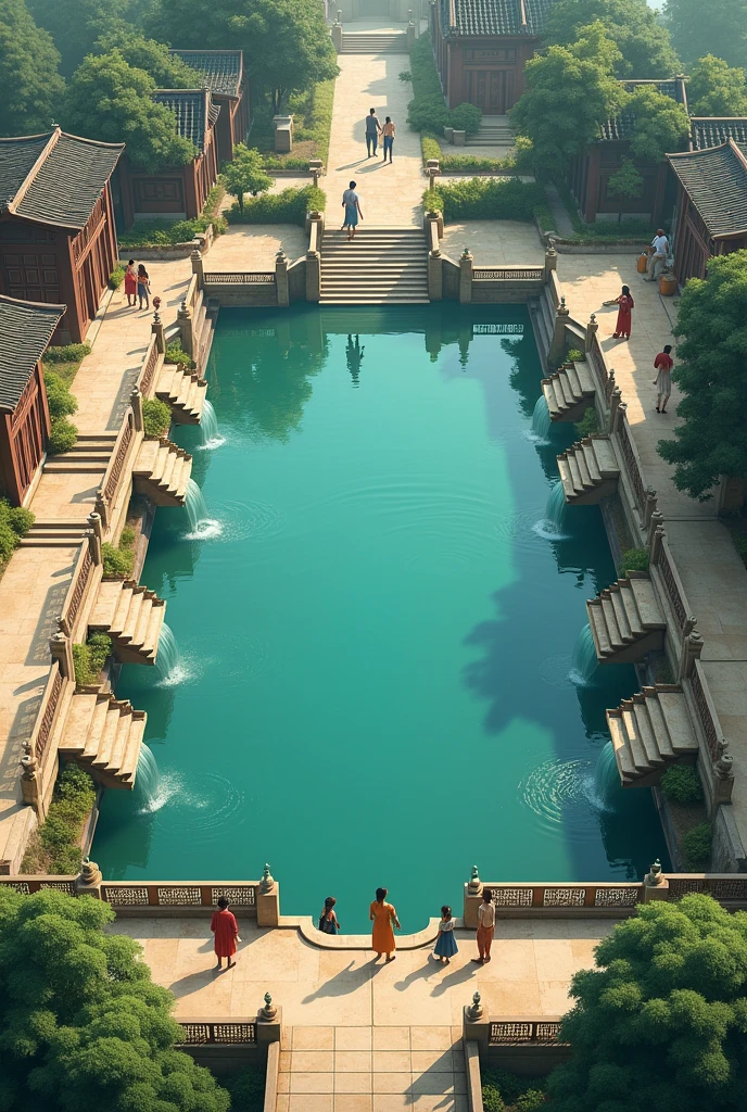 Village community drinking pond with staircases rectangular shape view from above . Generate another big one