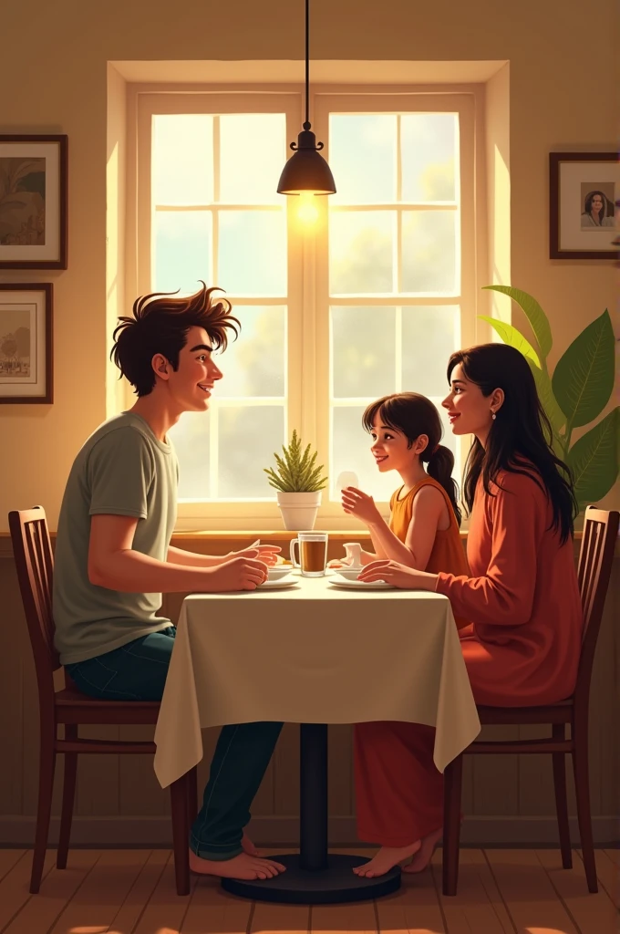 And boy boy like shawn Mendes sitting with an 23 years Indians girl and one small girl and an Indian mom in dinning table in cafa