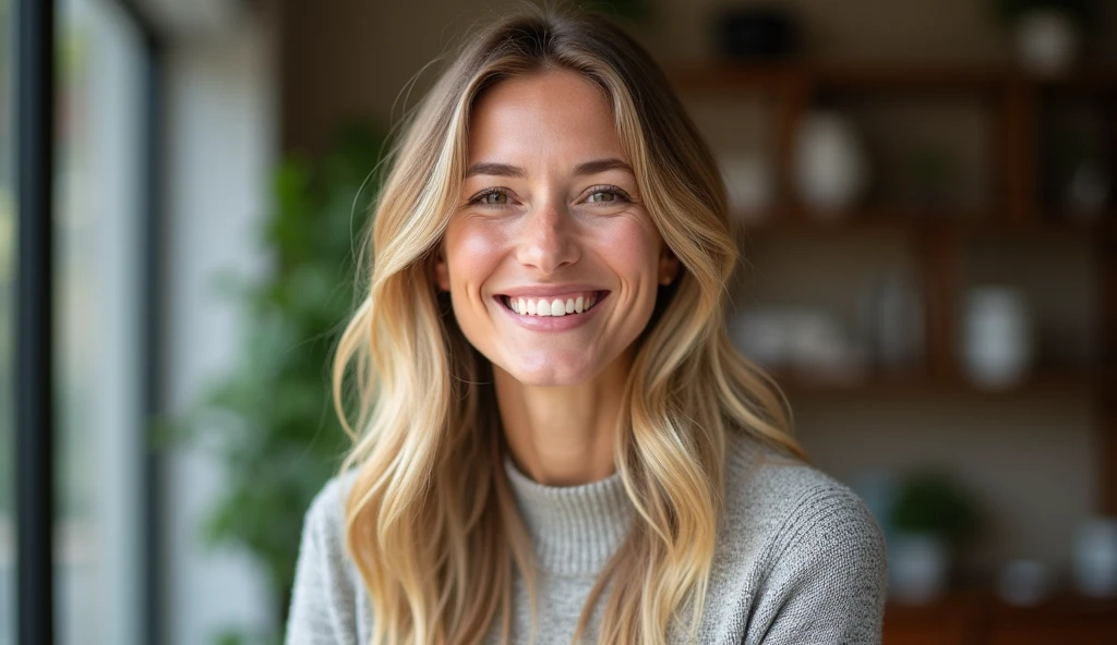 ((( 40 year old woman ))),((( hair blonde,Scandinavian,clear eyes,light brown skin )))dappled,girl next door,Natural Photos, ((( spontaneous photo,55 mm lens )))permissive, in house, Background also sharp,((( smiling ))), Further away from the camera ,natural posture, Don't look at the camera, ((( The whole body should be visible ))),((( side position )))