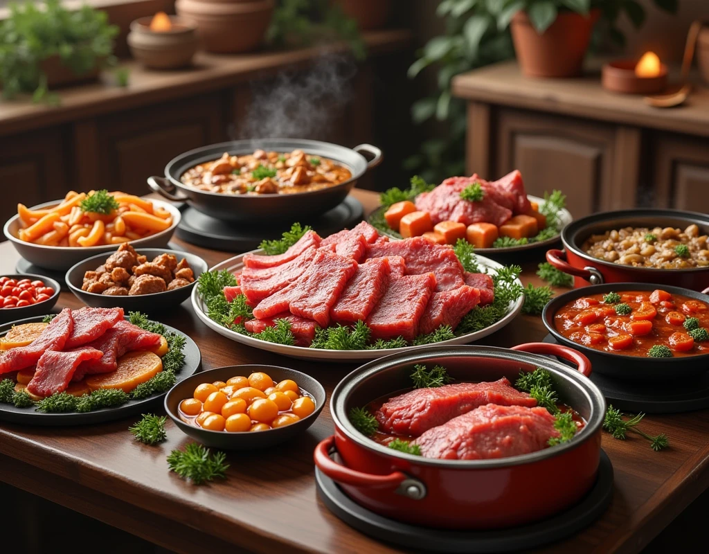 We want an image of a dining table on which food is served in different pots and all the food consists of meats only.