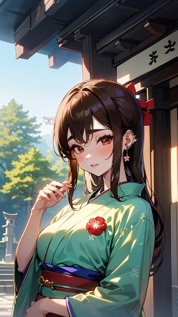 ((1girl, female, European woman, samus aran,pale skin, (brown hair, long hair), makeup, pierced ears, jewelry, green kimono, kimono:1.2)),(masterpiece), (((highest quality))), ((Super detailed)), (16K Highest quality wallpaper:1.4), (Upper Body:1.6), High resolution, Detailed skin texture, Detailed cloth texture, green kimono, Very detailed explanation, (Tmasterpiece), (Highly detailed face:1.2), (Very detailed beautiful eyes:1.2), original, RAW Photos, Professional, Intricate details, Super Detail, Direct sunlight:1.6, (Perfect Anatomy:1.4), (Extremely elaborate hands:1.2), (Highly detailed fingers:1.2), (Very dexterous fingers:1.2), (2), Genuine, (alone:1.6), (A traditional Japanese sacred shrine maiden:1.4)), (long flowing green kimono), (Beautiful and well-shaped medium breasts:1.2), (Beautiful and shapely butt), (Clear brown eyes that shine beautifully in every detail:1.6), (Very delicate and detailed brown eyes:1.2), (Highly detailed face:1.4), (smile:1.3), (blush:1.2), (facing viewer, looking forward,) break, (Japan shrine, Colorful and divine々Beautiful traditional shrine maiden costume:1.4), (Traditional Japanese clothing:1.2) break (Highly detailed and beautiful Ise Shrine in Mie Prefecture just after noon in spring in the background:1.6), Ise Shrine:1.2, Torii gate of Ise Shrine:1.2,  The precincts of Ise Shrine:1.2, Very beautiful against the clear sky after noon.:1.2, ((green kimono))