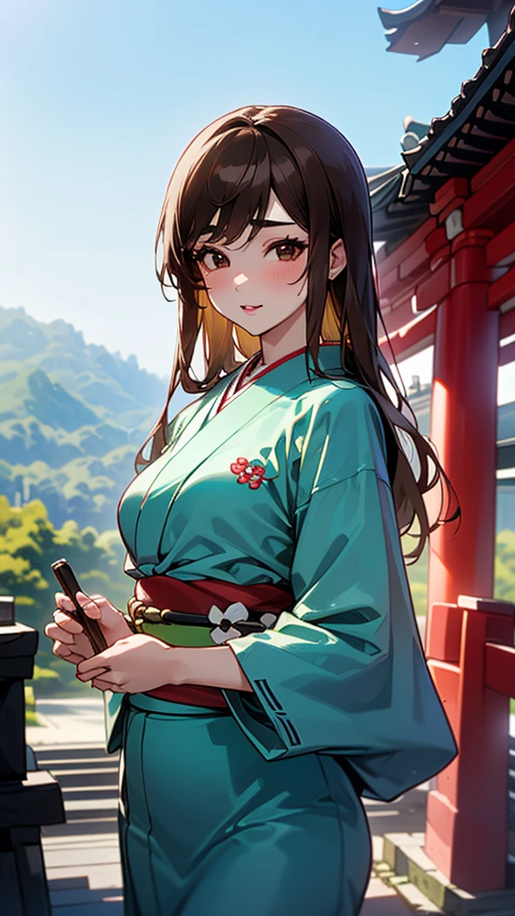 ((1girl, female, European woman, samus aran,pale skin, (brown hair, long hair), makeup, pierced ears, jewelry, green kimono, kimono:1.2)),(masterpiece), (((highest quality))), ((Super detailed)), (16K Highest quality wallpaper:1.4), (Upper Body:1.6), High resolution, Detailed skin texture, Detailed cloth texture, green kimono, Very detailed explanation, (Tmasterpiece), (Highly detailed face:1.2), (Very detailed beautiful eyes:1.2), original, RAW Photos, Professional, Intricate details, Super Detail, Direct sunlight:1.6, (Perfect Anatomy:1.4), (Extremely elaborate hands:1.2), (Highly detailed fingers:1.2), (Very dexterous fingers:1.2), (2), Genuine, (alone:1.6), (A traditional Japanese sacred shrine maiden:1.4)), (long flowing green kimono), (Beautiful and well-shaped medium breasts:1.2), (Beautiful and shapely butt), (Clear brown eyes that shine beautifully in every detail:1.6), (Very delicate and detailed brown eyes:1.2), (Highly detailed face:1.4), (smile:1.3), (blush:1.2), (facing viewer, looking forward,) break, (Japan shrine, Colorful and divine々Beautiful traditional shrine maiden costume:1.4), (Traditional Japanese clothing:1.2) break (Highly detailed and beautiful Ise Shrine in Mie Prefecture just after noon in spring in the background:1.6), Ise Shrine:1.2, Torii gate of Ise Shrine:1.2,  The precincts of Ise Shrine:1.2, Very beautiful against the clear sky after noon.:1.2, ((green kimono))