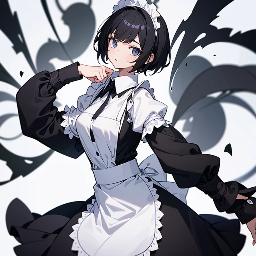 A girl with short black hair wearing a maid uniform on a white background