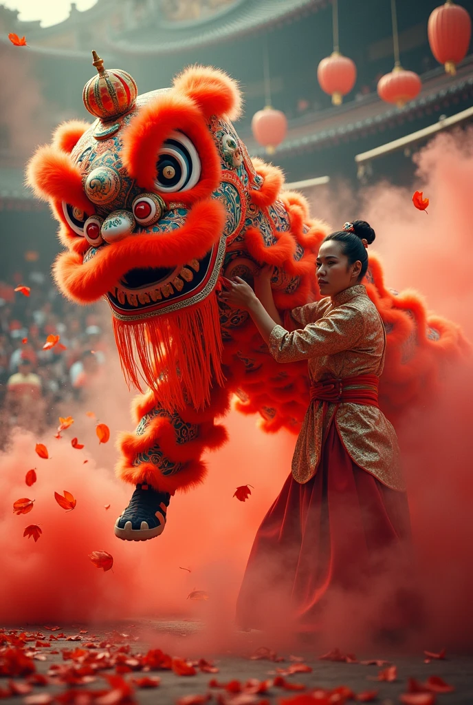 Style vietnamien, danse du lion, effets visuels surréalistes avec un haut niveau de détail, point, vue lointain, super fin, super détaillé, haute qualité, rendu 8k oc, angle de vue dynamique, panorama.